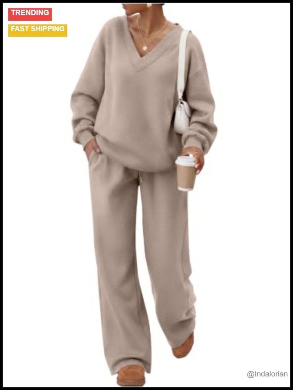 2 Piece Sweatsuit V-Neck Oversized Wide Leg Loungewear Set Cotton Polyester